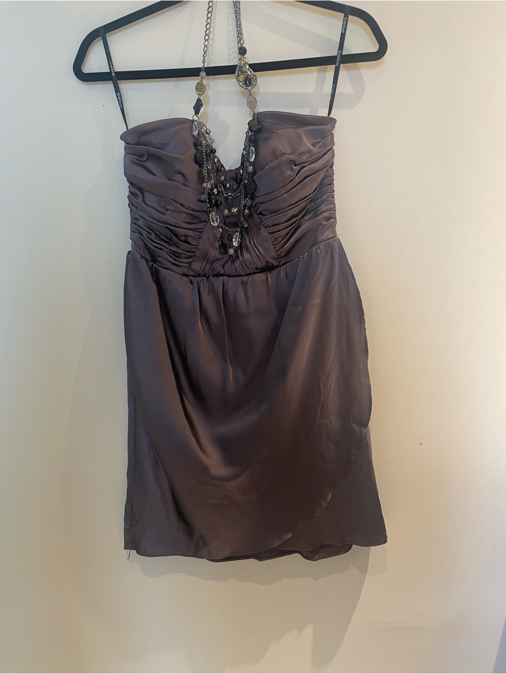 bebe Strapless Plum Cocktail Dress with Beaded Applique - Picture 2 of 4